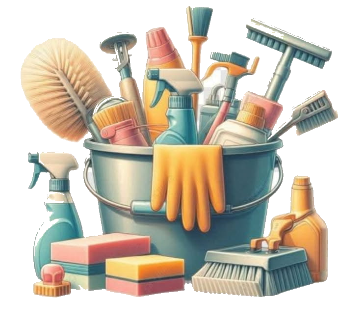 Cleaning supplies in bucket with brushes, sponges, spray bottles, gloves and detergent products